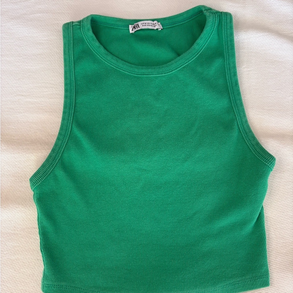 Zara Green Tank Top Classic Crew Neck